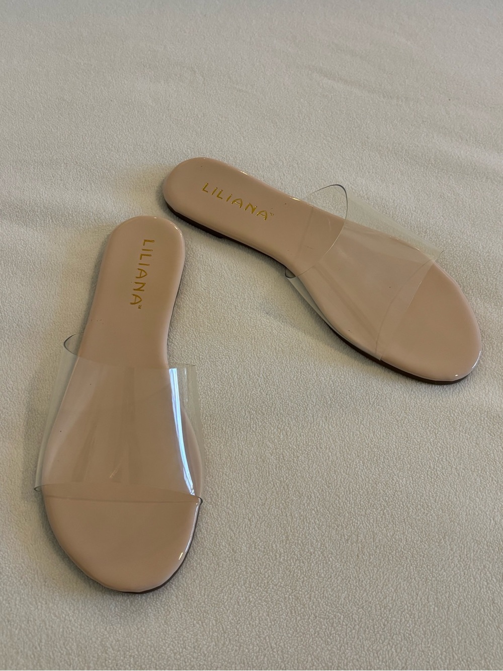 Brand New Liliana Beige Slide Sandals with Clear Vinyl Strap